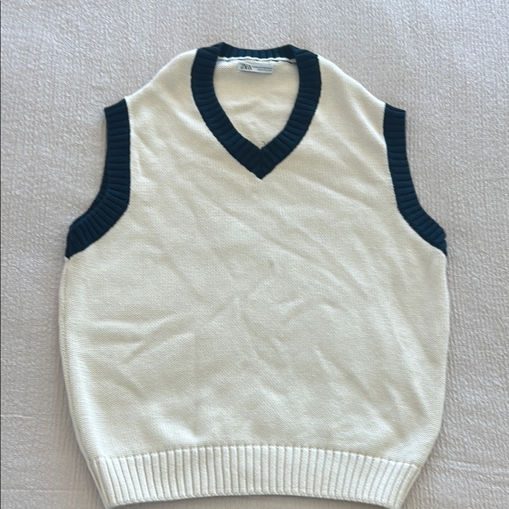 Zara Cream and Navy Blue Knit Vest